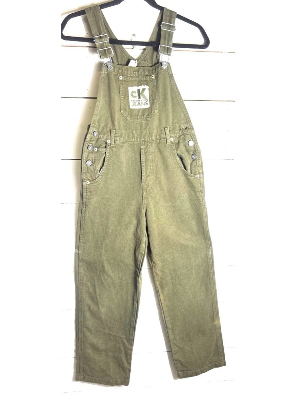 Vintage Calvin Klein Green Carpenter Denim Overalls Adjustable Straps M 100% Cot